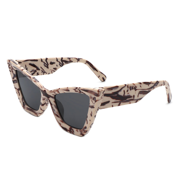 Thick angular cat eye sunglasses with a beige and brown streaked marble pattern and black smoke lenses. Shown from side