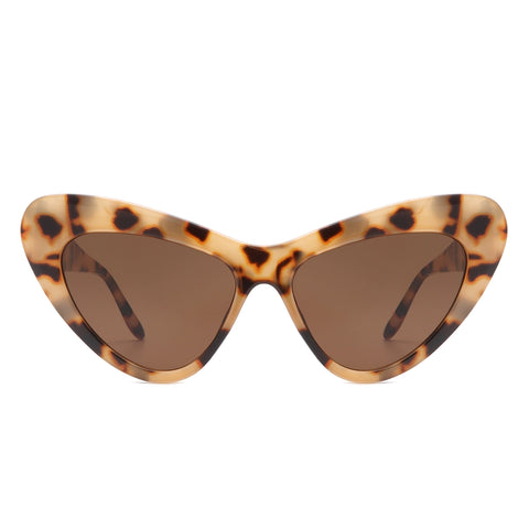 Light brown tortoiseshell plastic rounded cat eye sunglasses with a curved bevel detail at each temple and dark brown lenses. Shown from front