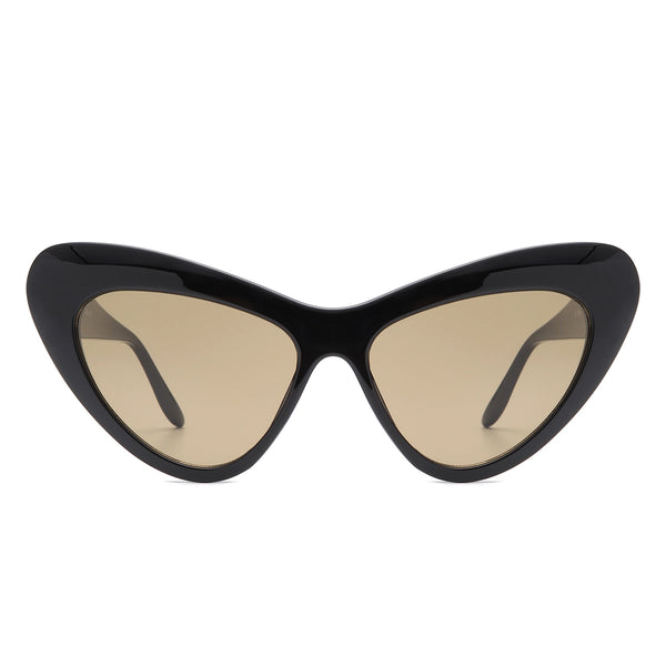 Black plastic rounded cat eye sunglasses with a curved bevel detail at each temple and light brown lenses. Shown from front