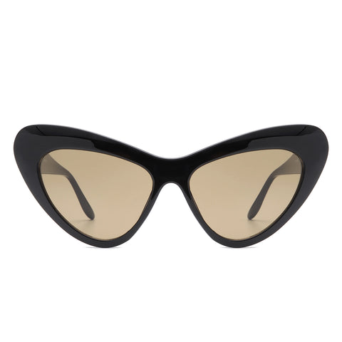 Black plastic rounded cat eye sunglasses with a curved bevel detail at each temple and light brown lenses. Shown from front