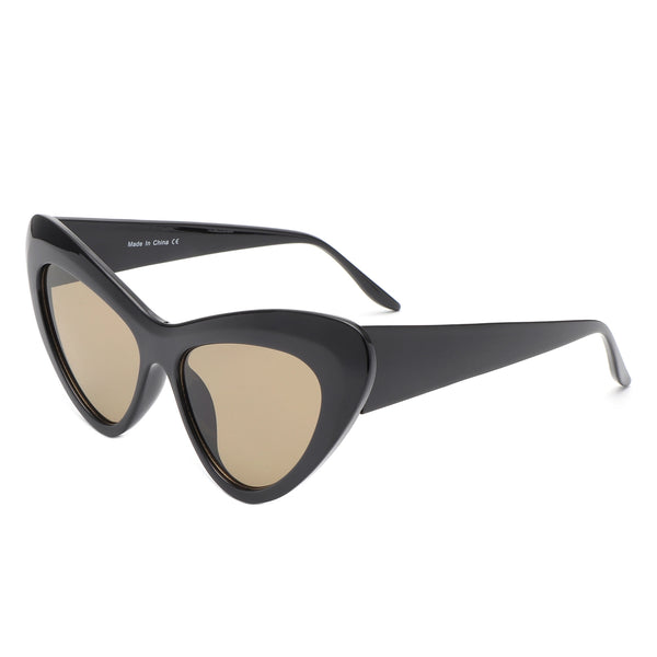 Black plastic rounded cat eye sunglasses with a curved bevel detail at each temple and light brown lenses. Shown from side