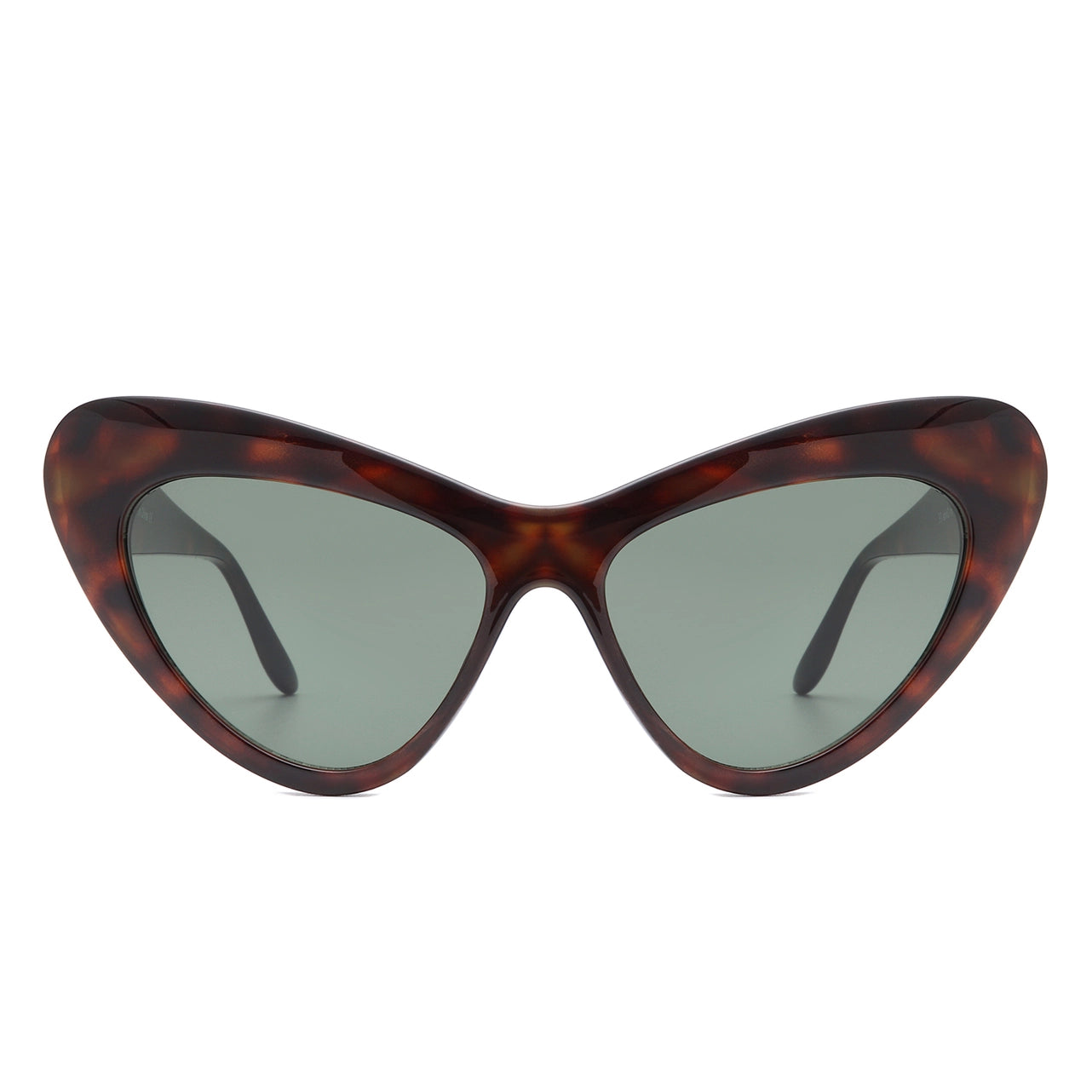 Dark brown tortoiseshell plastic rounded cat eye sunglasses with a curved bevel detail at each temple and dark green lenses. Shown from front
