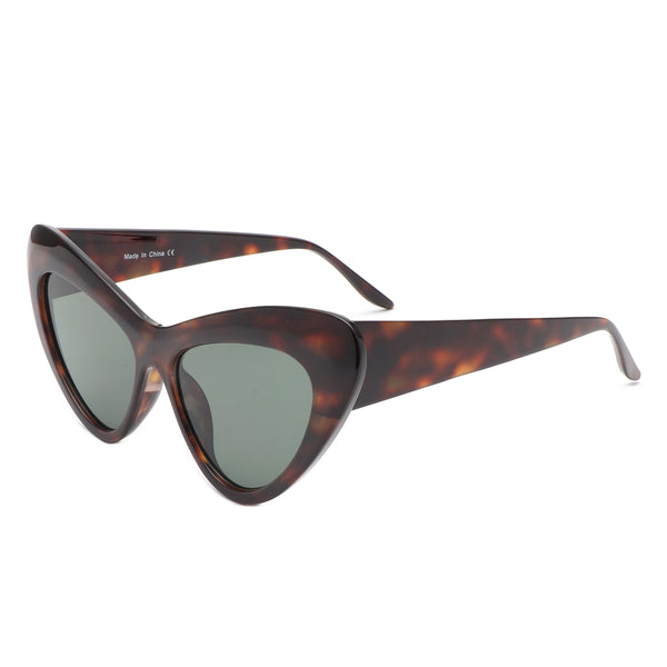 Dark brown tortoiseshell plastic rounded cat eye sunglasses with a curved bevel detail at each temple and dark green lenses. Shown from side