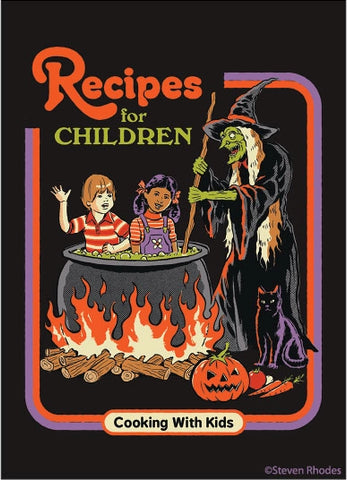 Recipes for Children 70’s style book cover illustration with a witch cooking two children in a giant black coffin