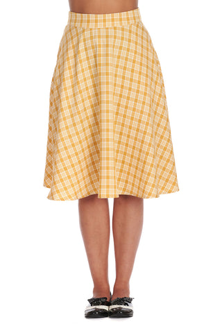 High waisted creamy white and yellow plaid swing skirt ending just below the knee. Shown from front