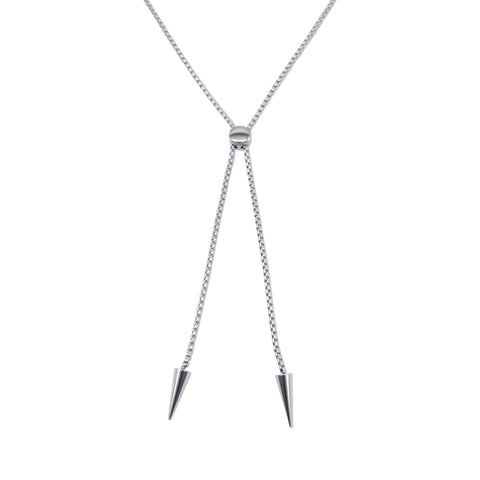 Silver metal bolo tie with matching metal box chain, small round slide, and spike tips. Shown flat