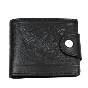 Black leather wallet with silver metal snap closure and tooled rose design on its exterior. Shown closed from the front