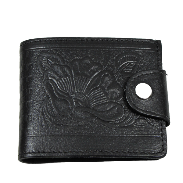 Black leather wallet with silver metal snap closure and tooled rose design on its exterior. Shown closed from the front