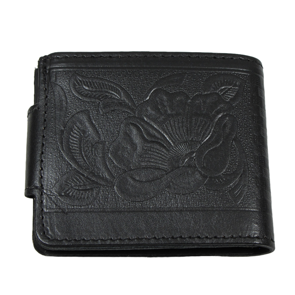 Black leather wallet with silver metal snap closure and tooled rose design on its exterior. Shown closed from the back