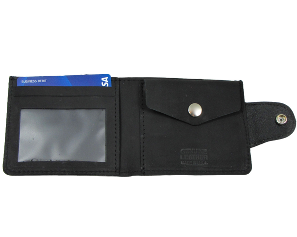 Black leather wallet with silver metal snap closure and tooled rose design on its exterior. Shown open to display coin pouch, ID window, and card slot