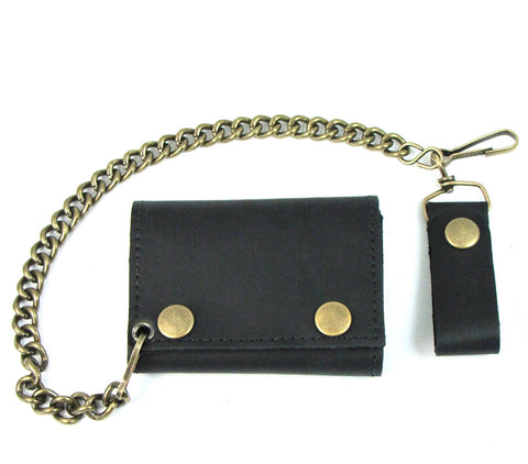 Black matte finish oil-tanned leather trifold wallet with antiqued brass snaps and chain. Shown closed from the front 