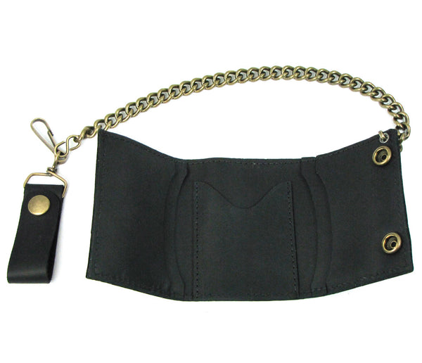 Black matte finish oil-tanned leather trifold wallet with antiqued brass snaps and chain. Shown open to display pockets