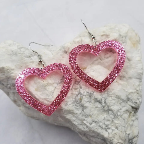 Laser-cut pink glitter acrylic hollow shaped heart dangle earrings 