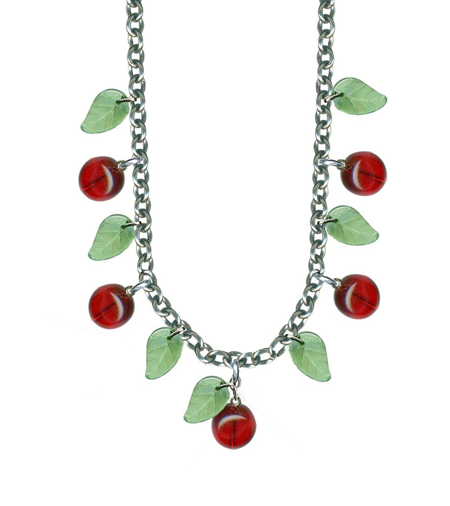 Silver plated link chain necklace with attached green glass leaf charms and red glass cherry charms alternating