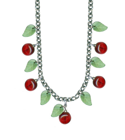 Silver plated link chain necklace with attached green glass leaf charms and red glass cherry charms alternating