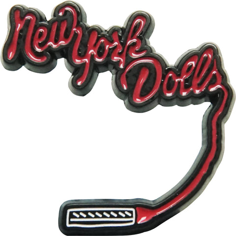 New York Dolls lipstick logo enamel pin in red, black, and white. Shown from front