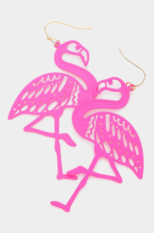 Laser cut neon pink acrylic dangle earrings in the shape of flamingos 