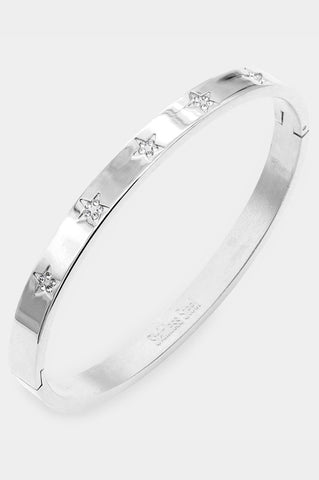 Stainless steel hinge bangle with star details inlaid with tiny rhinestones. Shown closed