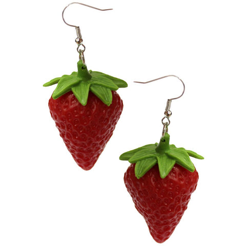 Realistic plastic green and red strawberry dangle earrings