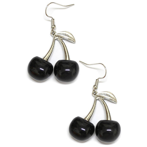 Dangle earrings with black cherry pair charms that have silver metal stems 
