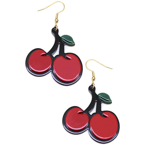 Dangle earrings made of acrylic black, green, and red cherries with thick black outlines 