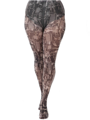 Monochromatic grey city skyline print tights worn by a model. Shown from the front