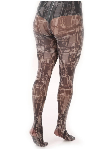 Monochromatic grey city skyline print tights worn by a model. Shown from the back