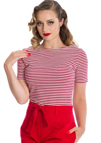 A model wearing a cotton knit red and white horizontal striped top with short sleeves and a boat neck. Shown tucked into shorts from front