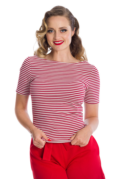 A model wearing a cotton knit red and white horizontal striped top with short sleeves and a boat neck. Shown untucked from the front