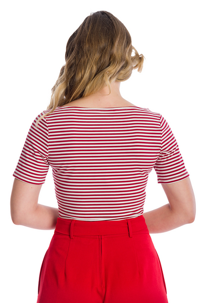A model wearing a cotton knit red and white horizontal striped top with short sleeves and a boat neck. Shown tucked into shorts from the back