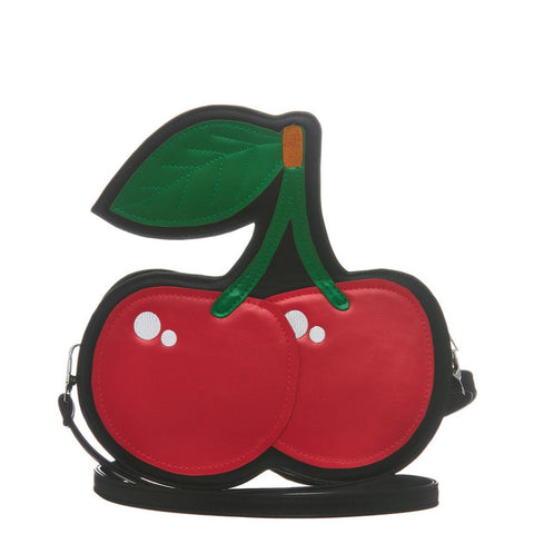 Faux leather cherry novelty purse in red and green on a black background. White embroidered highlights on the cherry and brown embroidery on the stem. Shown with matching black faux leather shoulder strap