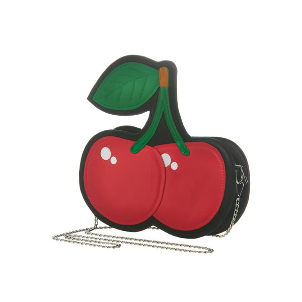 Faux leather cherry novelty purse in red and green on a black background. White embroidered highlights on the cherry and brown embroidery on the stem. Shown at a three quarter angle with link chain shoulder strap
