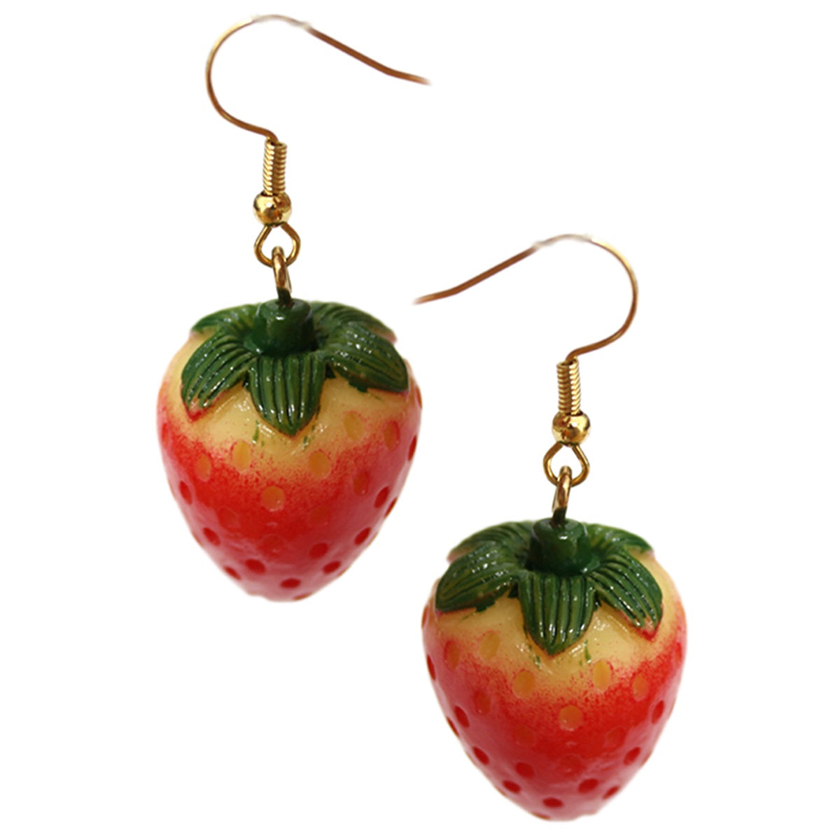 Miniature lifelike plastic strawberries as dangle earrings