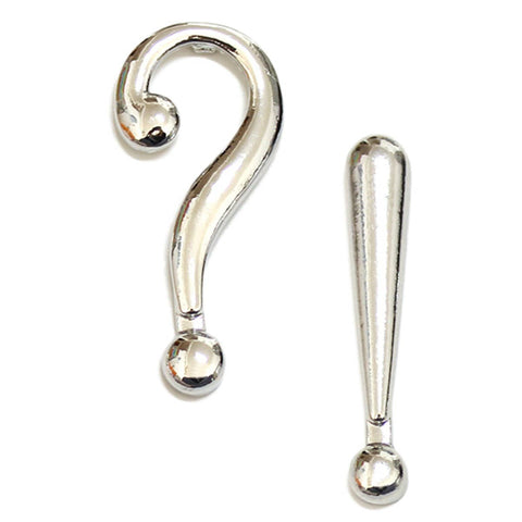 Silver metal post earrings, one in the shape of a question mark and the other in the shape of an exclamation point 