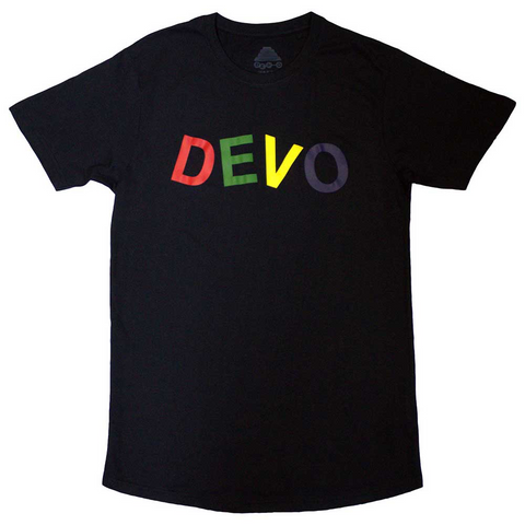 Black unisex short sleeve t shirt with screenprinted red, green, yellow, and blue DEVO logo