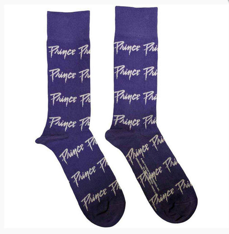 Purple unisex crew socks with allover knit in pattern of Purple Rain era Prince logo in white. Shown flat