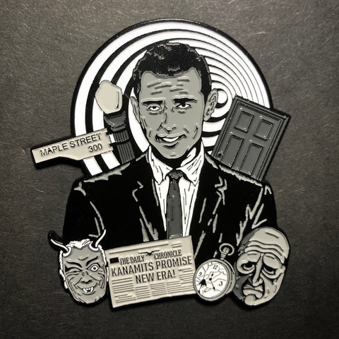 Black soft enamel pin in shades of grey featuring art of Rod Serling surrounded by art from Twilight Zone episodes 