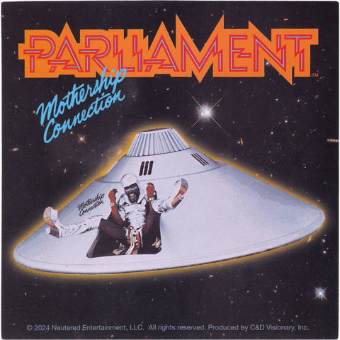 Square vinyl sticker with album cover for Parliament’s Mothership Connection