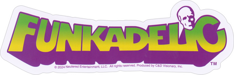 Die cut vinyl sticker of the band Funkadelic outlined in purple with an interior green to yellow gradient