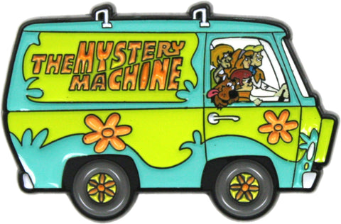 Enamel pin of the Mystery Machine from Scooby Doo seen in side profile . Shown from front