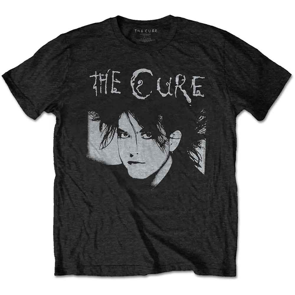 Black unisex t-shirt printed with “THE CURE” and white portrait of Robert Smith