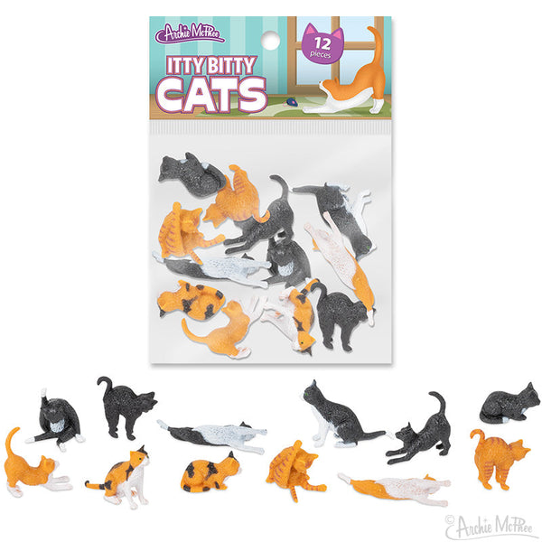 Package of 12 miniature soft vinyl cat figures in various poses. Painted to resemble Calico, black, ginger, and Tuxedo cats