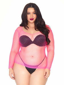 Plus size model wearing a neon pink long sleeved fishnet top