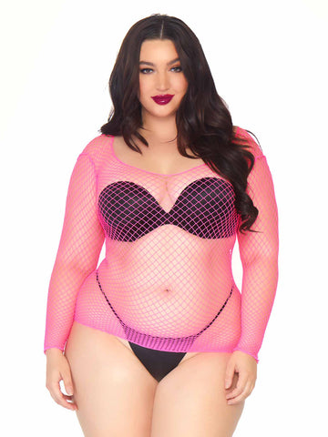 Plus size model wearing a neon pink long sleeved fishnet top