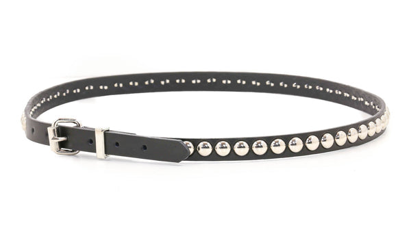 Black leather belt with single row of silver dome studs and silver metal buckle. Shown from front