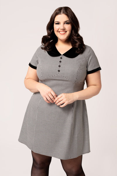 A plus size model wearing a short sleeve mini dress in a black and white micro houndstooth print. It has a rounded black velvet collar and black velvet sleeve cuffs. There are round black plastic buttons down the bodice and the skirt is slightly a-line and above the knee. Shown from the front in close up