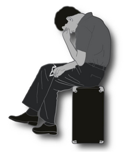 Enamel pin in various shades of grey of illustration depicting Ian Curtis sitting on an amplifier rubbing his temples and smoking a cigarette 