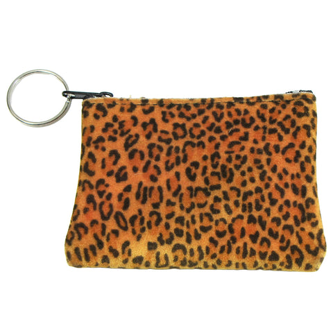 Rectangular zippered coin purse in brown and black leopard print faux fur with an attached split ring keychain.