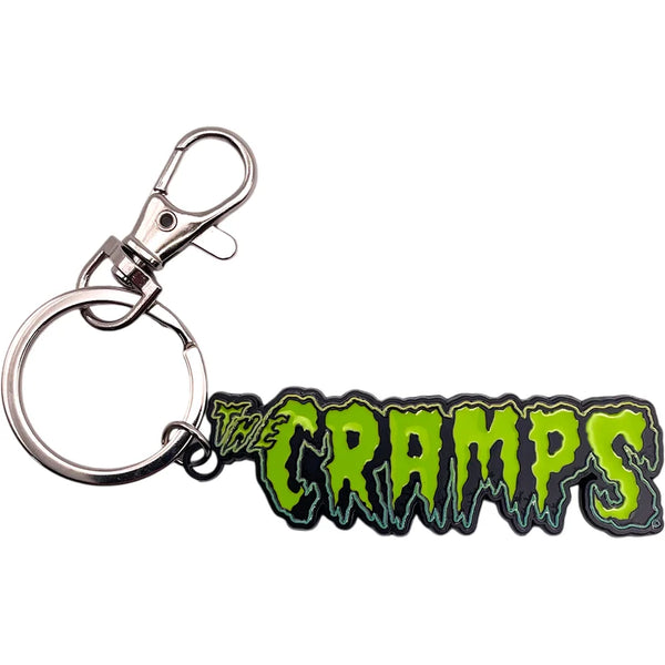 A metal keychain featuring the band 'The Cramps' logo in a dripping neon green and black enamel style, attached to a silver split ring and lobster clasp on a plain white background.
