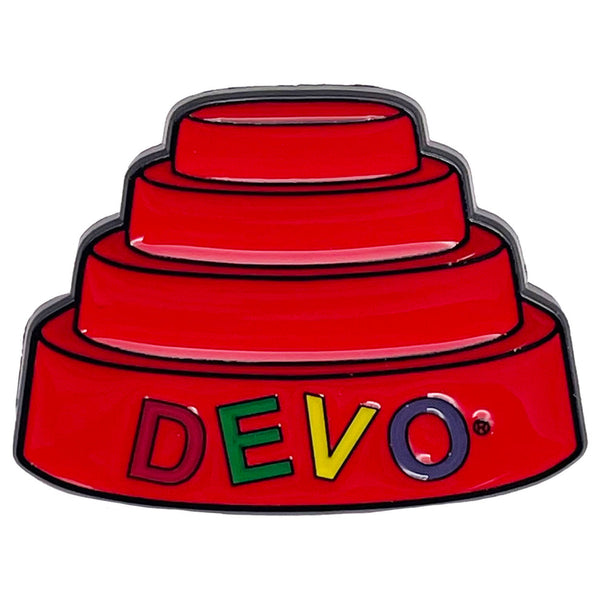 enamel pin of DEVO red energy dome hat with red, green, yellow, and blue DEVO logo